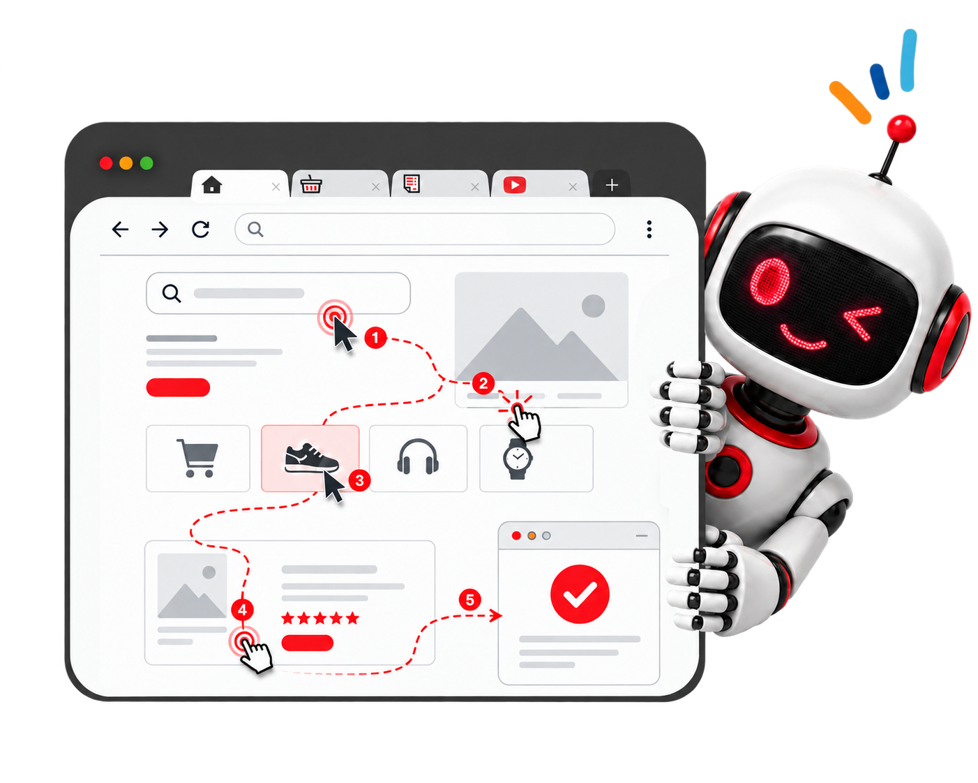 A robot peering around a browser window, following a numbered click path through a shopping page to checkout